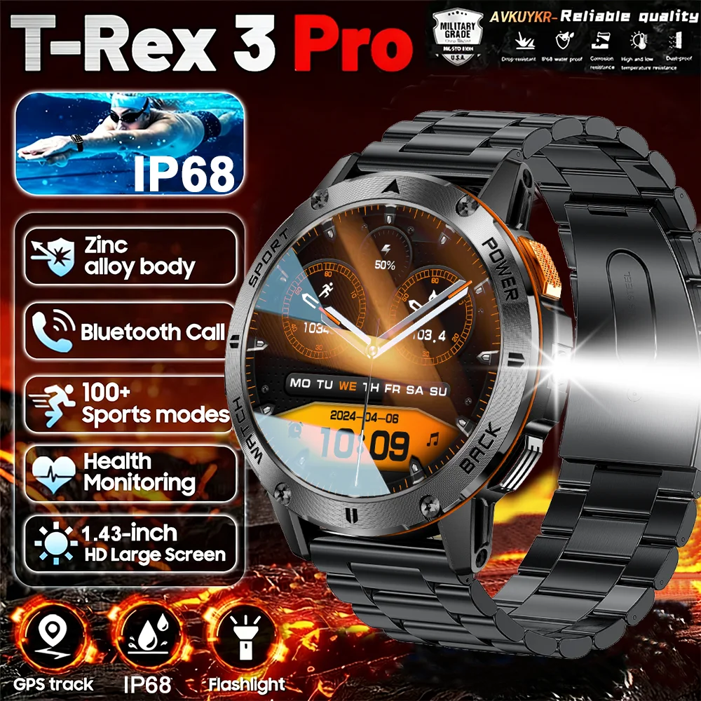

Новые смарт-часы 2026 Military T-Rex 3 Pro с аккумулятором 400 мАч, водонепроницаемые IP68, с фонариком, пульсометром и спортивным трекером для мужчин