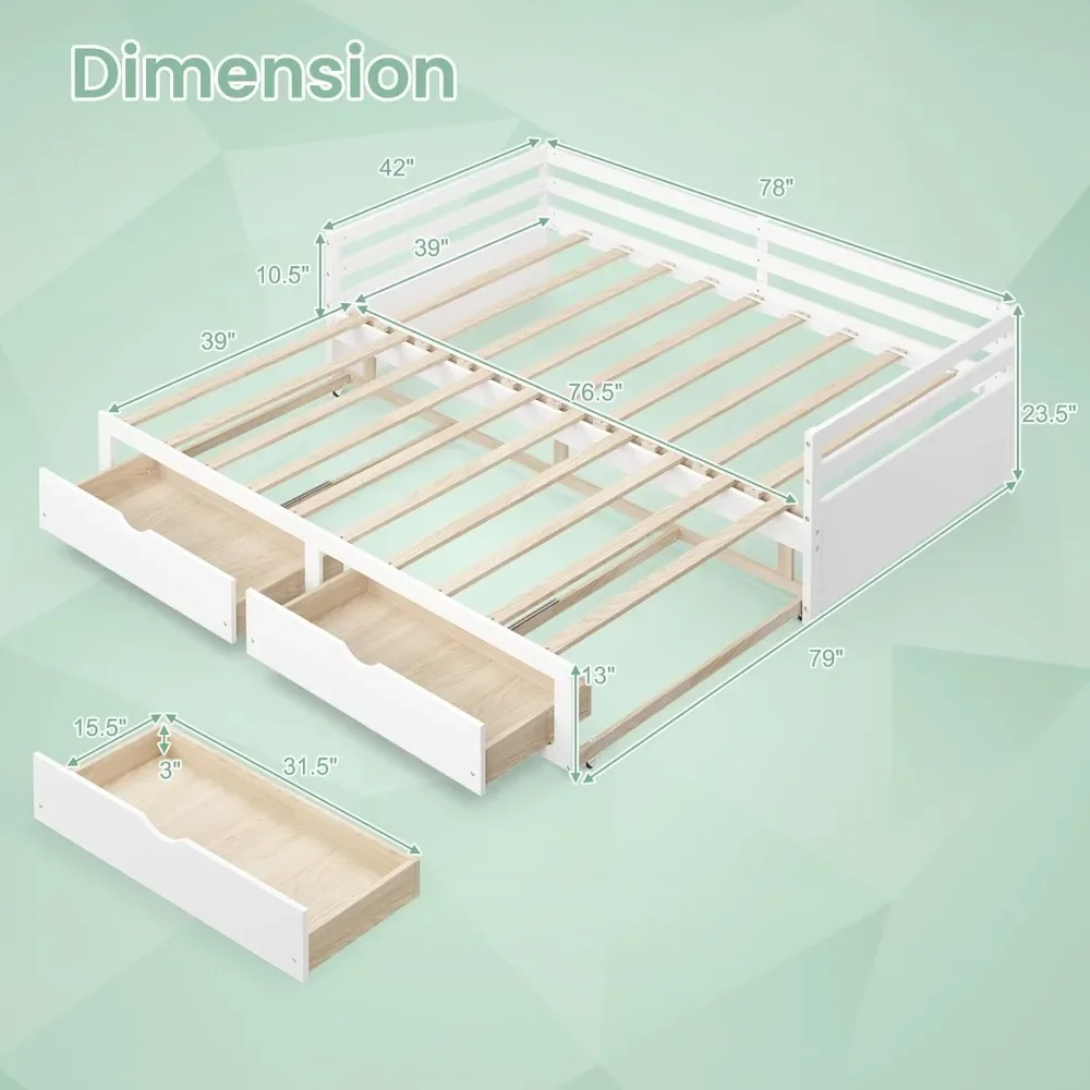 Houten dagbed met onderschuifbed, Twin to King-dagbedframe met 2 opbergladen, bank-dagbed voor tweeërlei gebruik, geen boxspring vereist