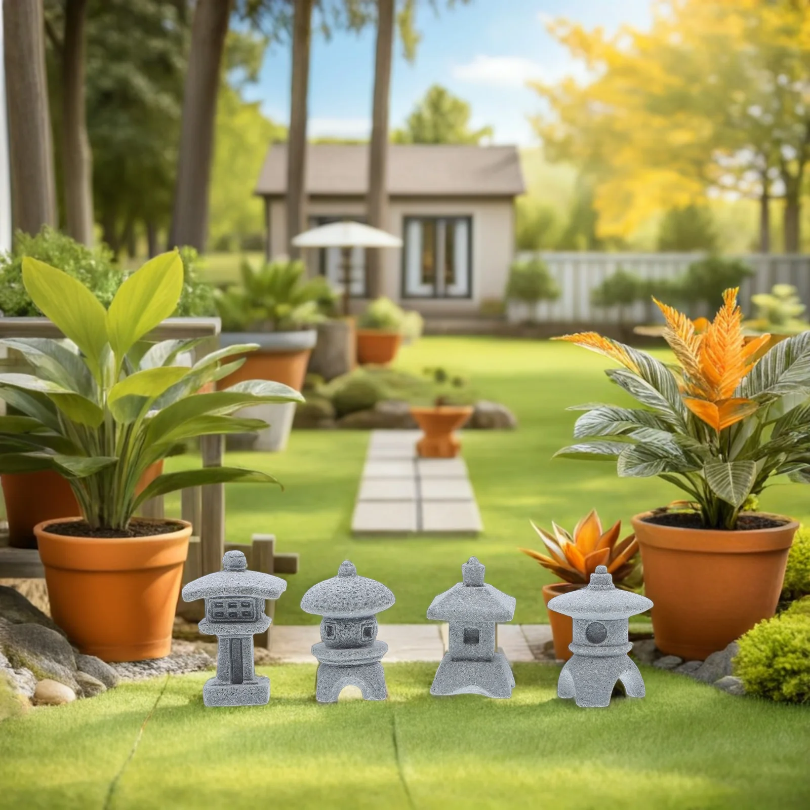 

4Pcs Mini Pavilion Figurine Realistic Landscape Decor Miniature Garden Ornament Zen Garden Statue