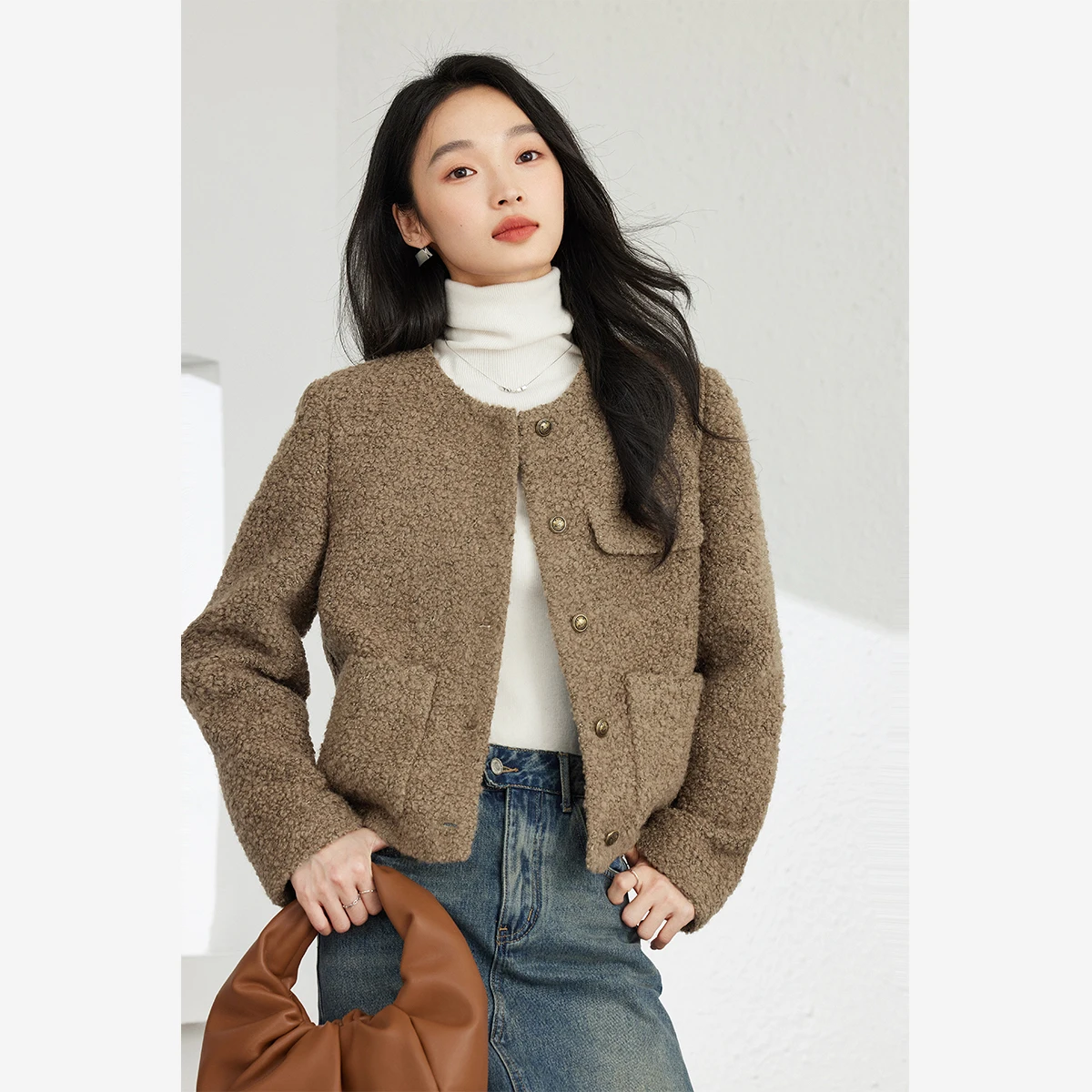 VIMLY معطف سميك قصير للنساء أنيق من الصوف مزيج الصوف سترة تويد للسيدات معاطف فاخرة برقبة مستديرة ملابس نسائية شتوية 2025 M9159