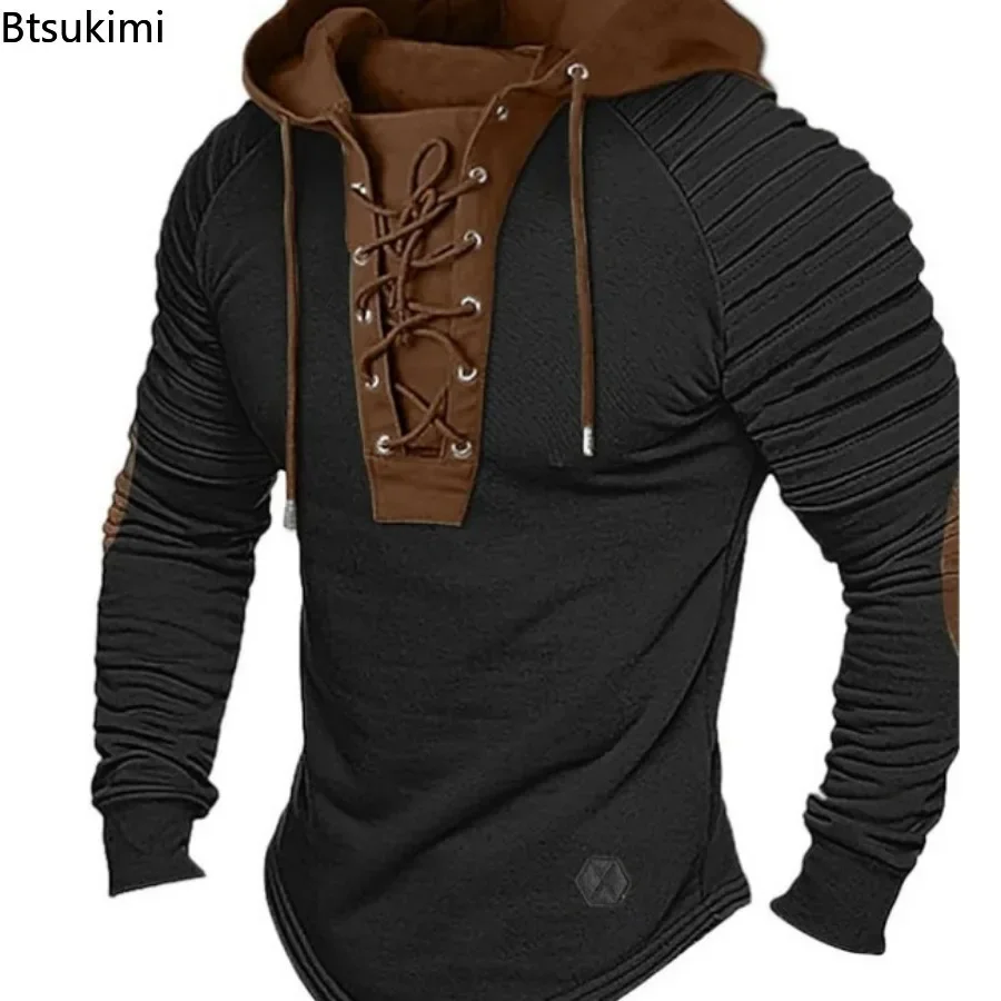 2025 Men Hooded Sweatshirt Vintage Lace-up Drawstring Men's Hoodie with Pleated Shoulders Soft Stretchy Breathable Daily Top Tie