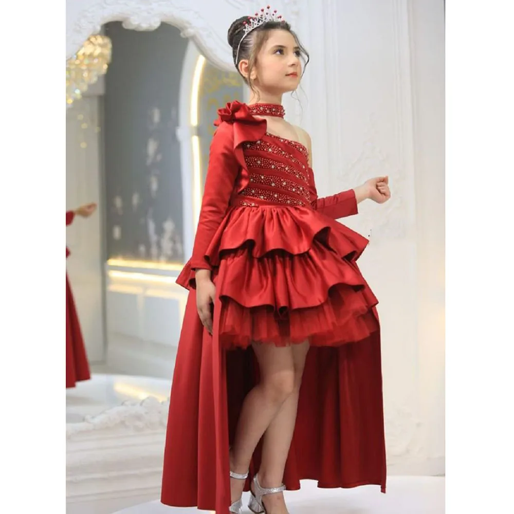 Exquisite Red Christmas Dresses for Girls Strapless Full Sleeves Above Knee Length Cloak Princess Children's Mini Ball Gowns