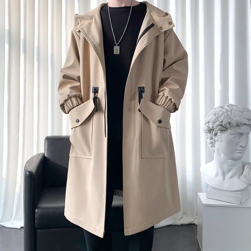 

Men's Windbreaker Jacket Spring Autumn Mid-length Coat New Winter Long Casual Large Size Zipper Pockets Hooded Tops Trench
