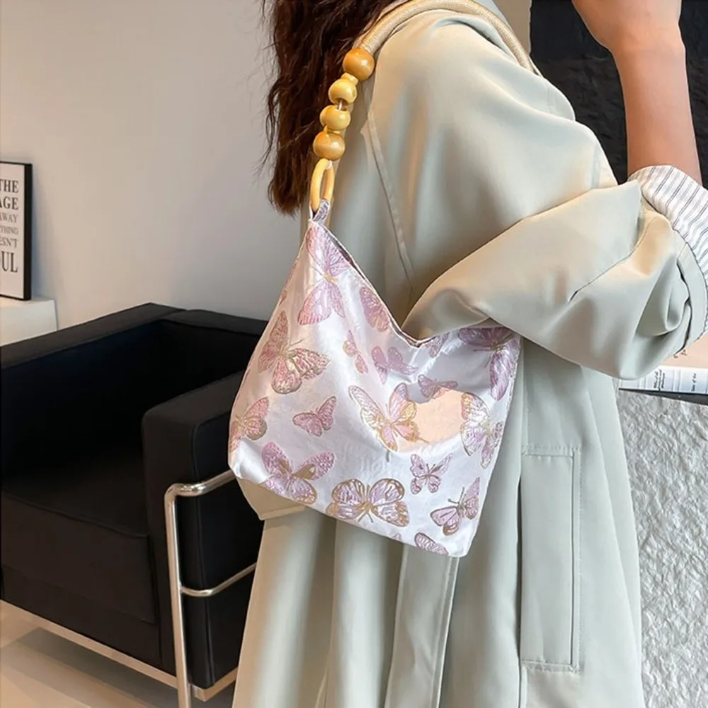 Simple Large Capacity Chinese Style Handbag Butterfly Sweet Embroidery Shoulder Bag French Bead Retro Underarm Bag Girls