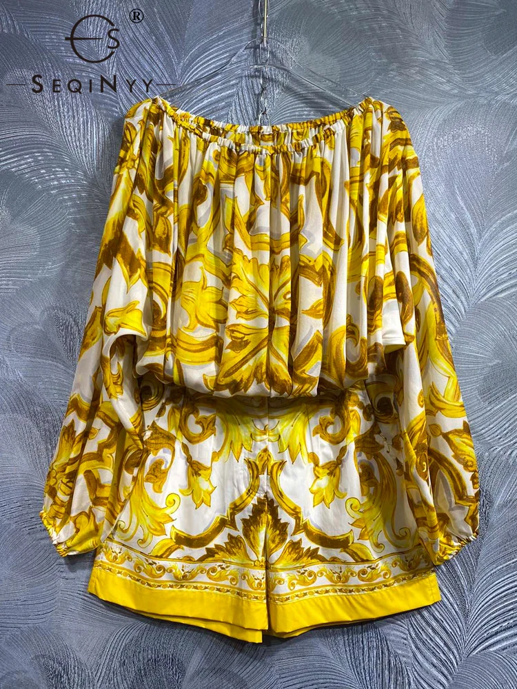 SEQINYY Elegant Yellow Suit Summer Spring New Fashion Design Women Runway Silk Loose Top + Cotton Shorts Vintage Flower Print