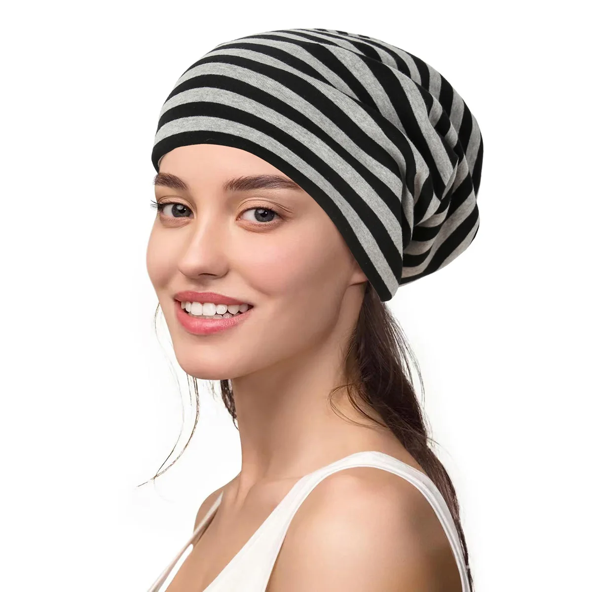 Unisex Women Men Beanies Stripes Slouchy Baggy Bonnet Turban Cancer Chemo Cap Muslim Hijab Hair Loss Headscarf Outdoor Headwear