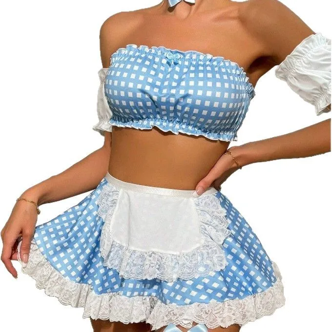 

Fancy Sexy Woman Underwear Plaid Maid Skirt Cosplay Costume Youth Female Lingerie 5PC Set Party Roleplay Pure Desire