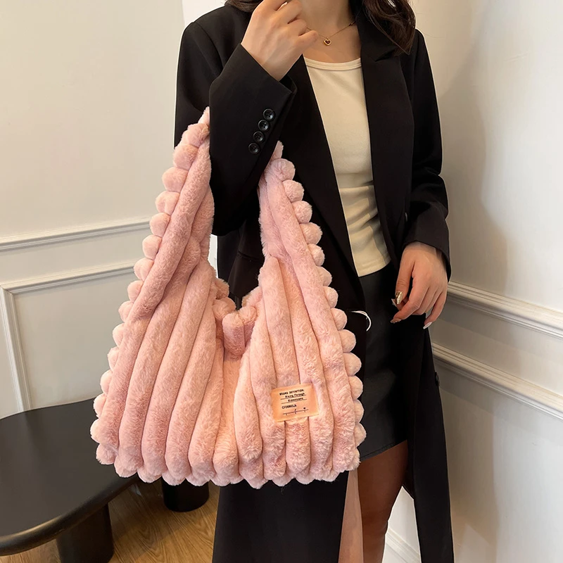 

Simple Casual Versatile Women's Pleated Plush Single Shoulder Large Capacity Tote Bag, Fashion Trendy Commuting Storage Bags