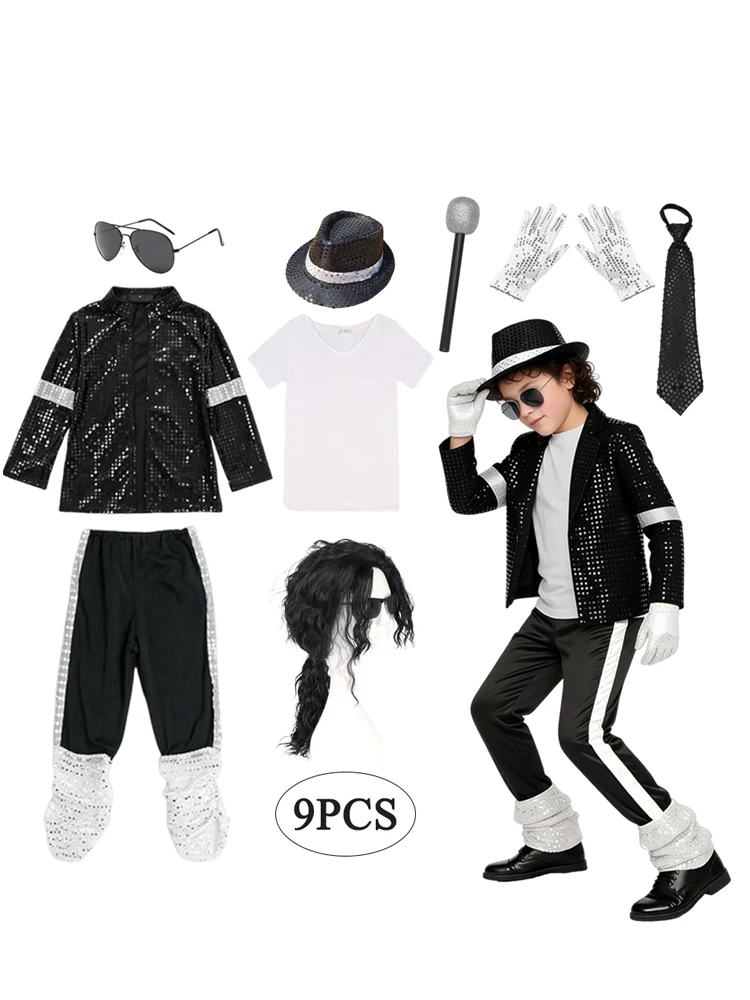 Jungen Michael Popstar Jackson Halloween Cosplay Kostüm Karneval Bühnenauftritt Kleidung Hip-Hop Tanzoutfit