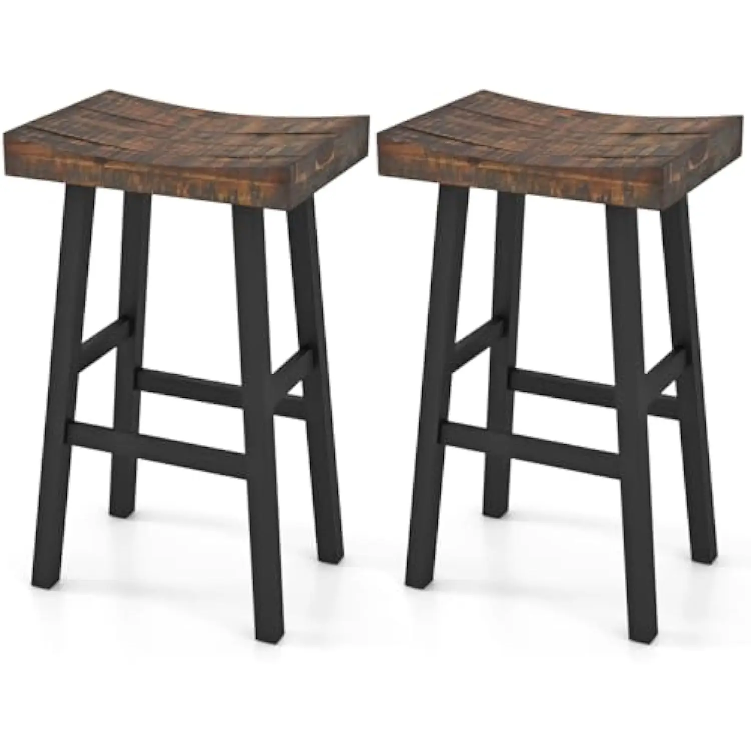 

29” Bar Stools Set of 2, Industrial Bar Height Barstools with Saddle Seat, Solid Wood Frame & Footrests, Wooden Bar Chairs for