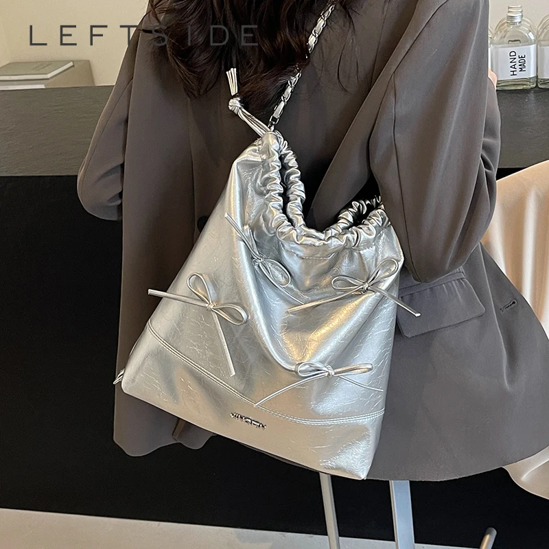 Bow Design Pu Leather Small Korean Fashion Women Handbags and Purses 2024 Y2K Female Silver Chain Crossbody Bags Shoulder Bags