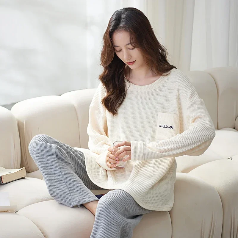 Waffle Cotton Korean Minimalist Style Women Pajamas Spring Autumn Long Sleeves Lady Sleepwear Kawaii Round Neck Homesuits