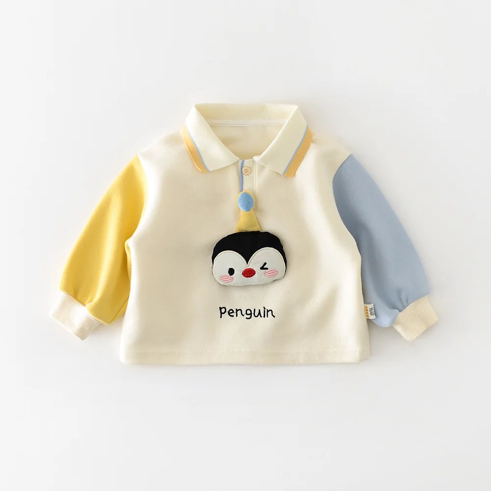 

2026 Spring New Baby Long Sleeve Sweatshirt Cute Cartoon Print Boys Lapel Pullover Girls Cotton Casual Tops Toddler Clothes