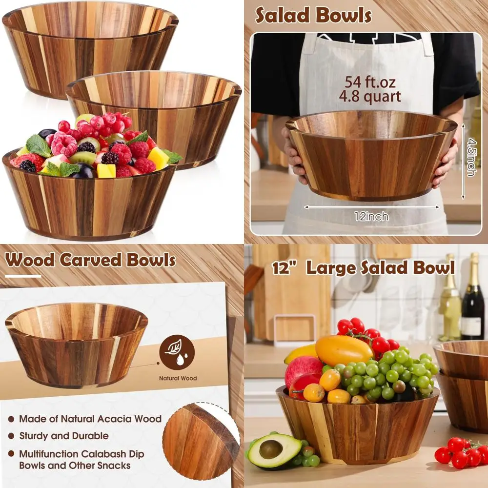 

Набор деревянных салатников из акации — 12 больших круглых сервировочных мисок для салата и фруктов, обеденные аксессуары из натурального дерева
