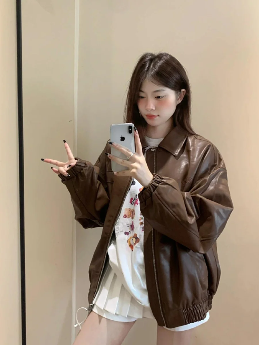 Große Größe American Sle Coffee PU Leder Jaet Damen Herbst Neue High-End Lose Heavy Du Paar Motorrad Jaet