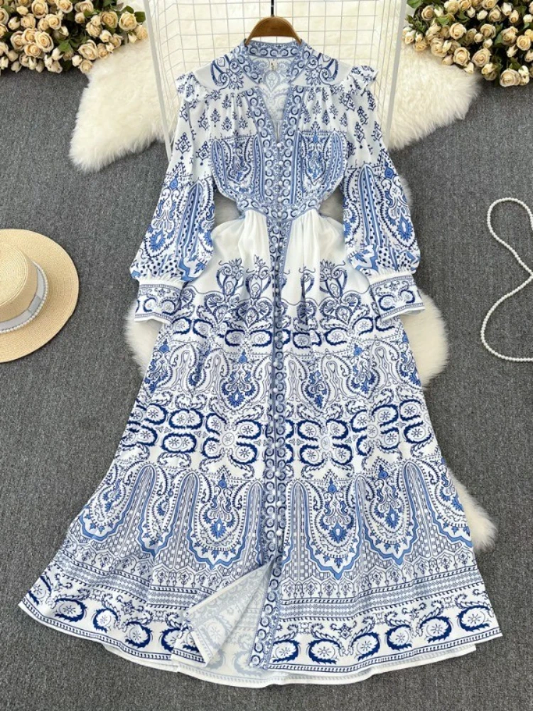 Spring Vintage Ethnic Style Lotus Leaf Edge V-neck Lantern Sleeve A-line Print Dress Women Elegant Party Vacation Long Robe