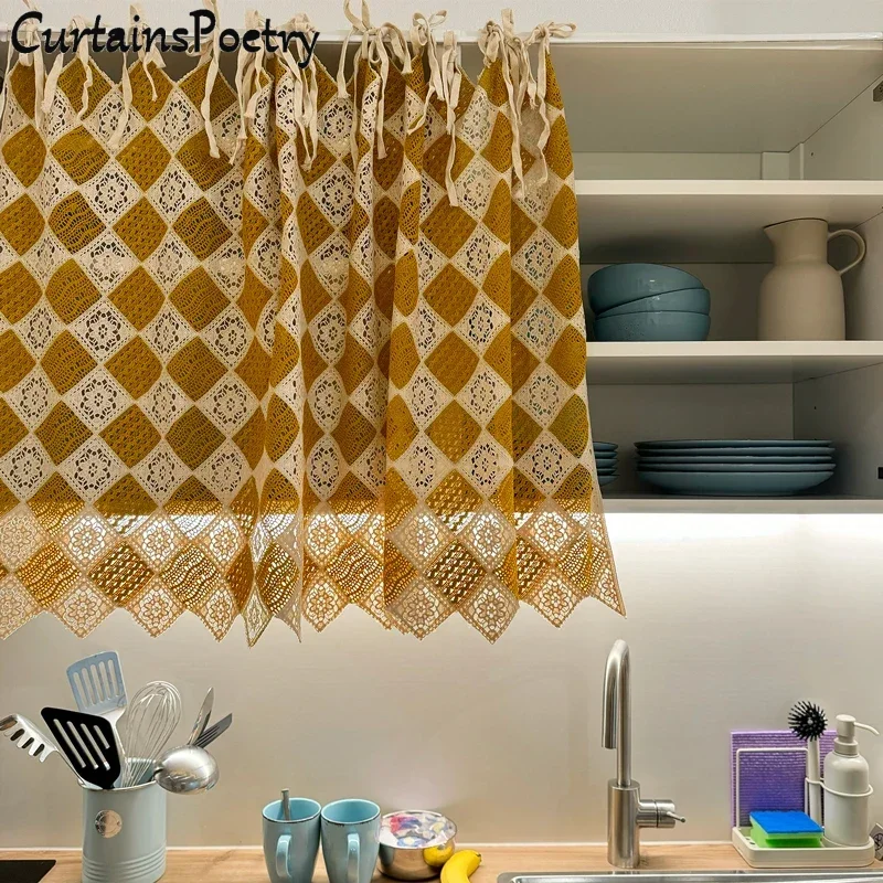 

Rustic Crochet Curtains for Living Room Farmhouse Ginger Hollow Knitted Short Curtains for Bedroom Rod Pocket Boho Window Drapes
