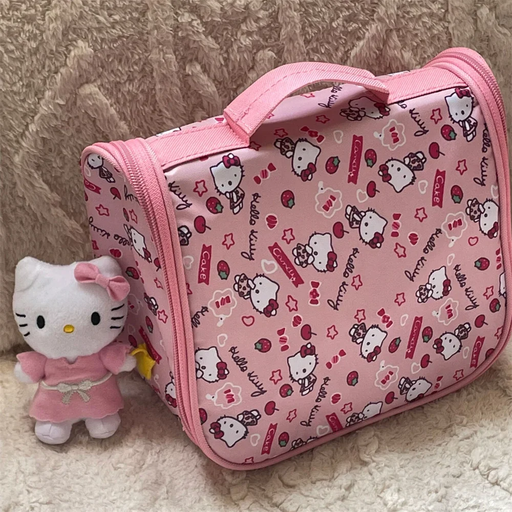 Kawaii Hello Kitty Print Cosmetic Bag Portable High-Capacity Handbag Multifunction Women Lipstick Storage Pouch Girls Gifts