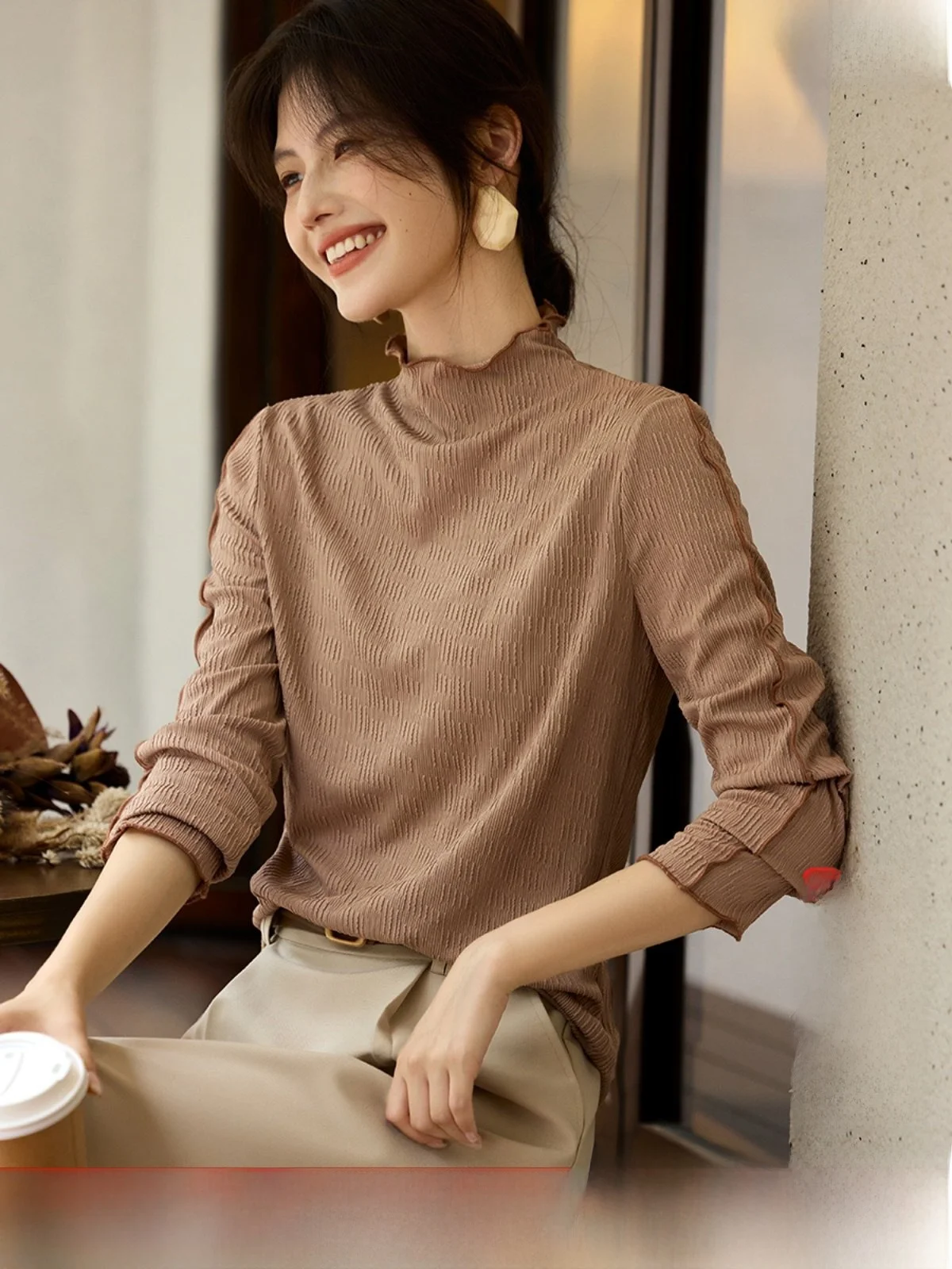 

XWI Шикарная женская футболка с деревянной текстурой Base irt средней длины, зимняя универсальная футболка Sli Long Sve обычной длины