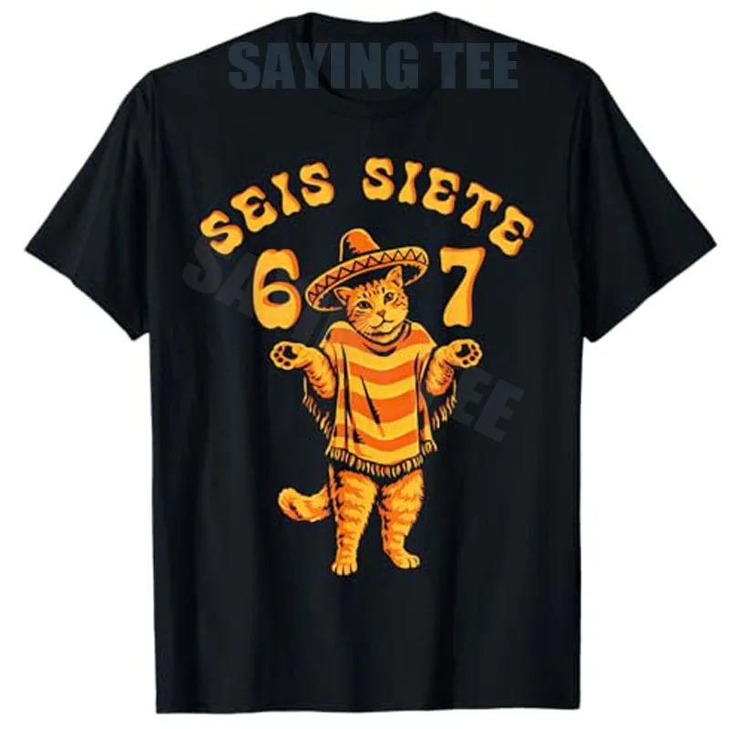 Camiseta divertida para niños con estampado de gato y sombrero, tema Cinco de Mayo, SEIS Siete 67 Cinco De Mayo, estilo Y2k, Fiesta Gen Alpha Z 6 7, con texto gráfico