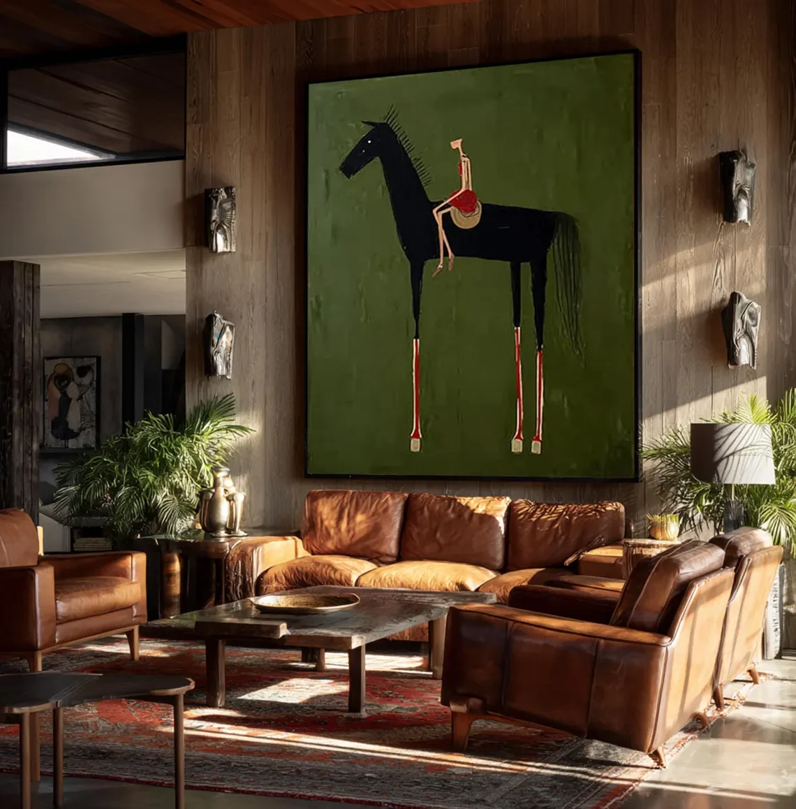 Horse Art Neutral Home Decor Painting Large Green Minimalist Canvas Brown Abstract Horse Rider Figure Painting Vintage Equestria - view 5