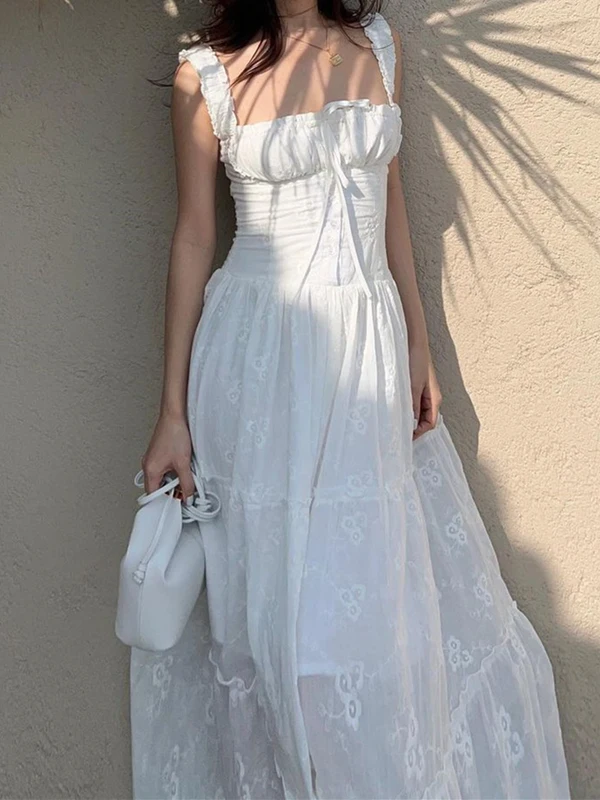 

French Sle Pure Color Summer Dr Women's ter Ne Gown with Pleats And Wood ain Gathered Waist White Long Dr