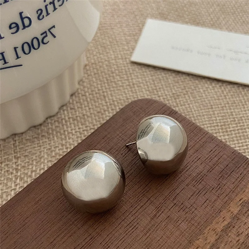 European Style Punk Fashion Geometric Half Metal Big Ball Round Stud Earrings for Women Girls Party Accessories