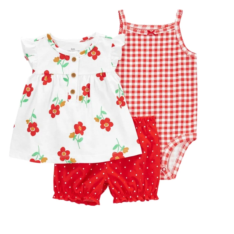 3 Pieces Baby Girls Clothing Set 2024 Summer Infant Girls Tops+Bodysuit+Shorts Soft Cotton Bebe Girls Clothes Outfits Super Cute