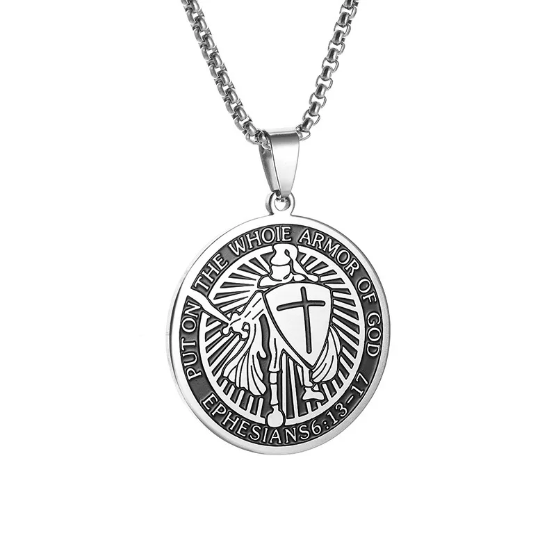 Vintage Medieval Templar Cross Shield Round Medal Pendant Necklace for Men Fashion Hip Hop Stainless Steel Jewelry Gifts