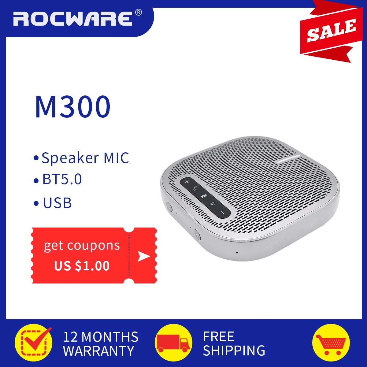 ROCWARE M300 Bluetooth Speakerphone USB Omnidirectional Microphone for video conference