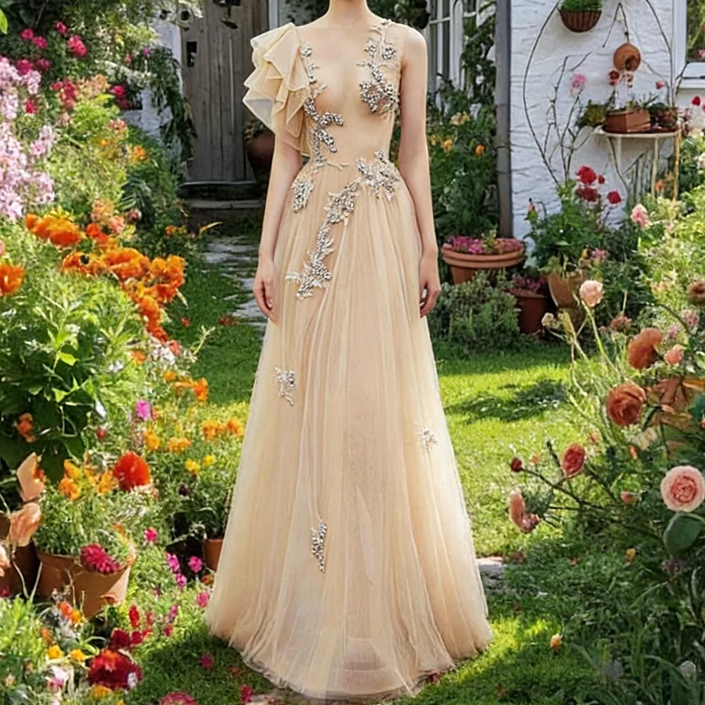 Seksowne aplikacje, koraliki, bez rękawów, falbany, linia A, suknie wieczorowe, suknie na przyjęcie urodzinowe, suknie balowe, szyte na miarę