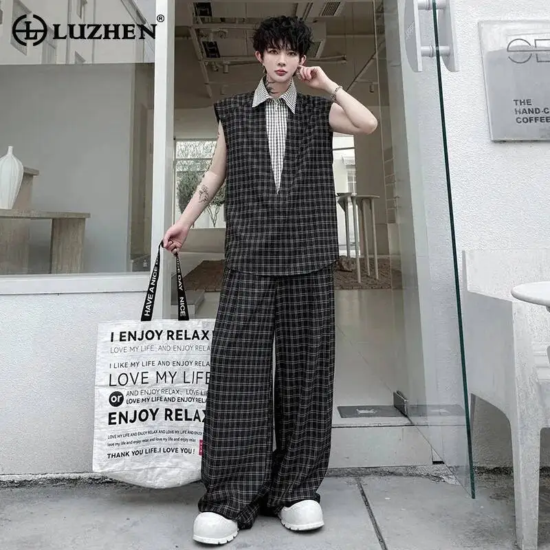 

LUZHEN 2026 Summer Plaid Printed Fake Two Piece Design Sleeveless Tank Tops Shirts Men's Straight Wide Leg Trousers Sets JY6971