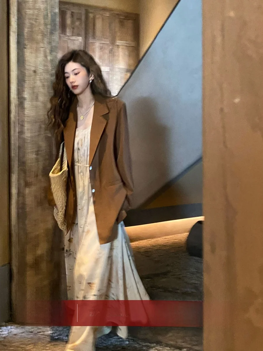 

Летний женский костюм с эффектом похудения, тонкий, с отложным воротником, повседневный, для работы, свободного кроя, с подплечниками, из смесового хлопка