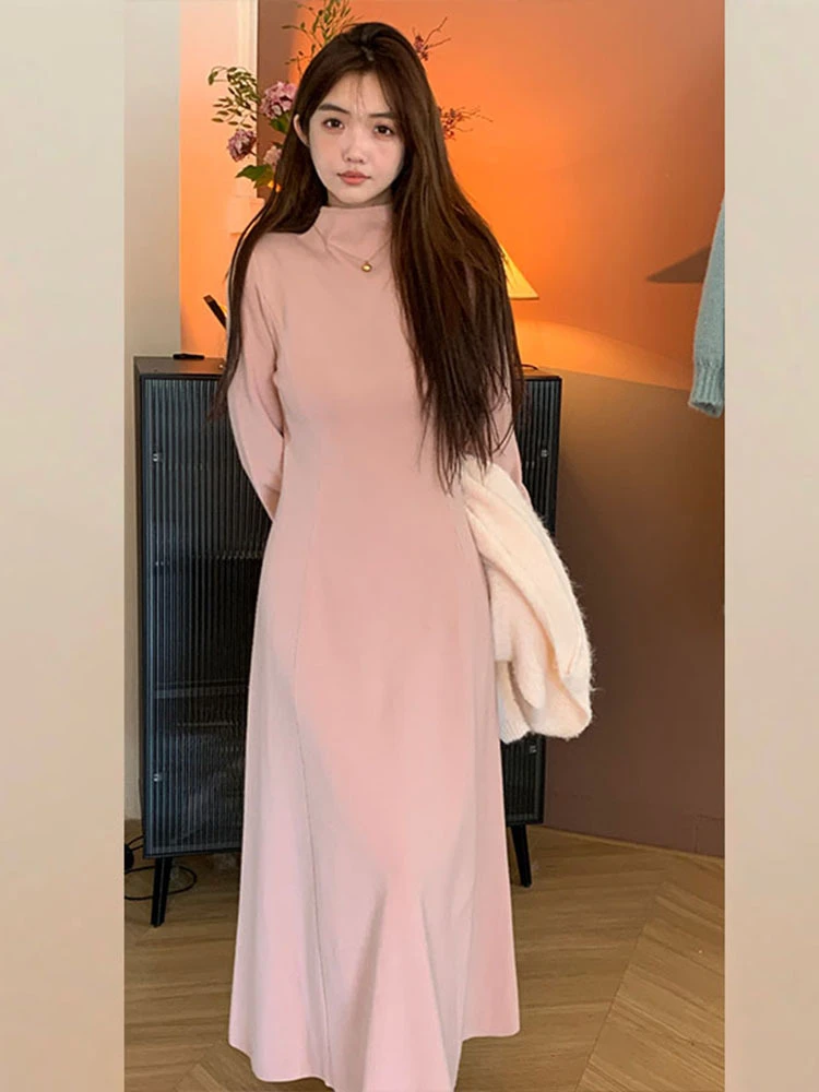 Feminino de malha longo Dr f gola alta preguiçoso Sle camada base outono inverno nova chegada macio aconchegante vestido linha A doce Japão...