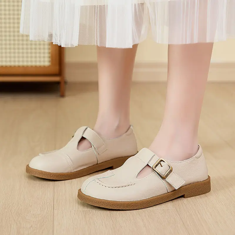 

New genuine leather buckle flats women's T strap moccasins college girls school shoes uniform office flats woman concise loafers