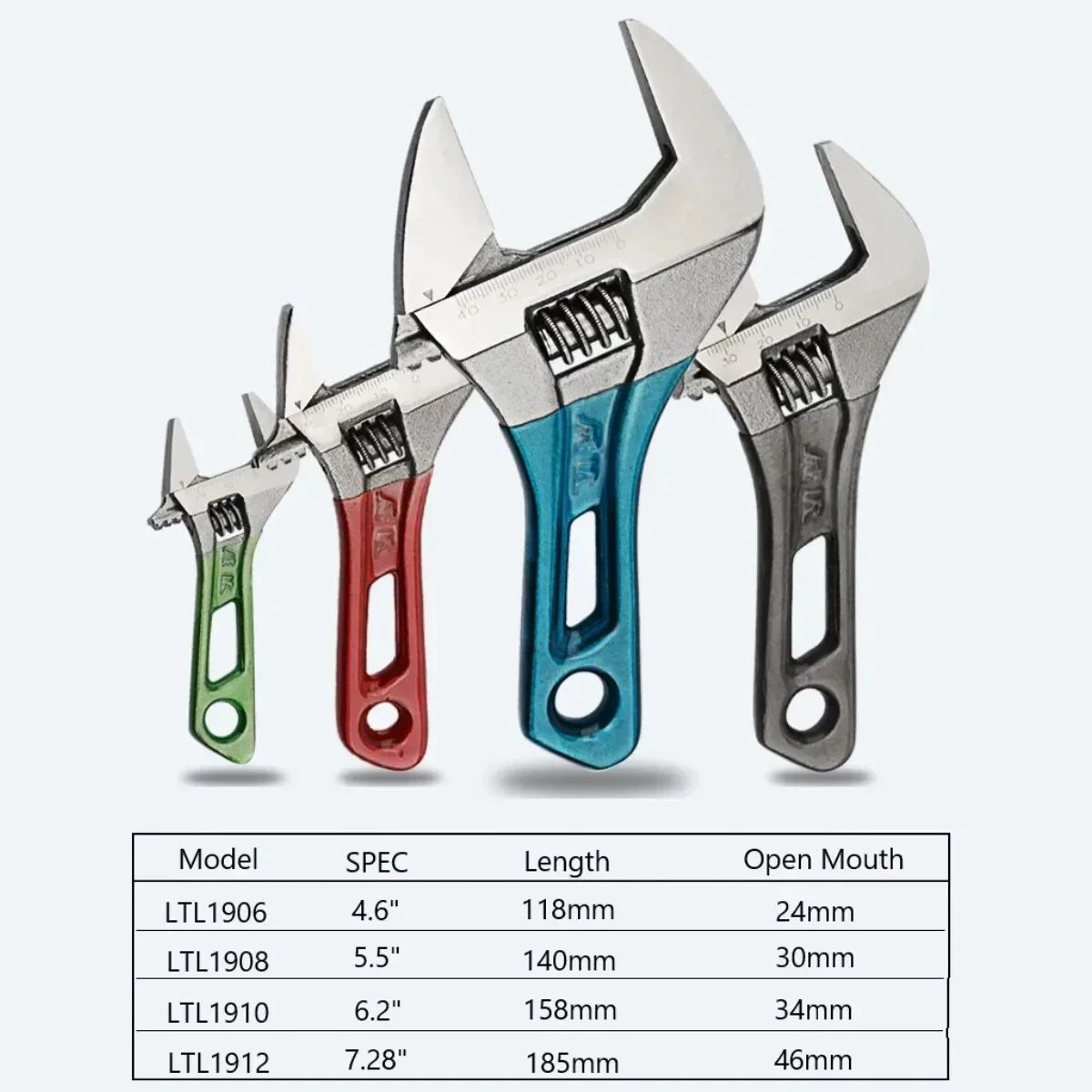 Mini llave de mono de gran apertura ajustable, llave de goma, envuelta a escala láser, tubería de fontanería, Baño