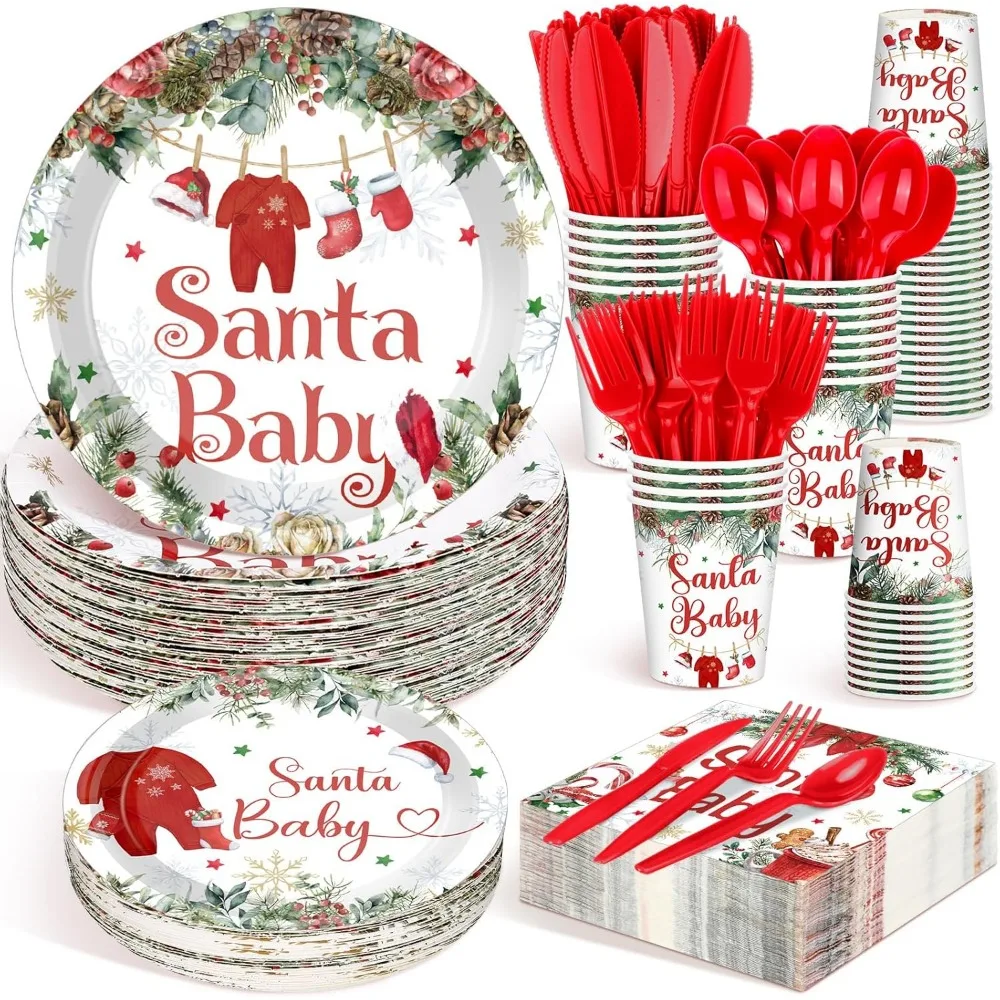 

350 Pcs Christmas Santa Baby Shower Plates Set with Napkins, Cups, Forks, Knives, Spoons for 50 Guests