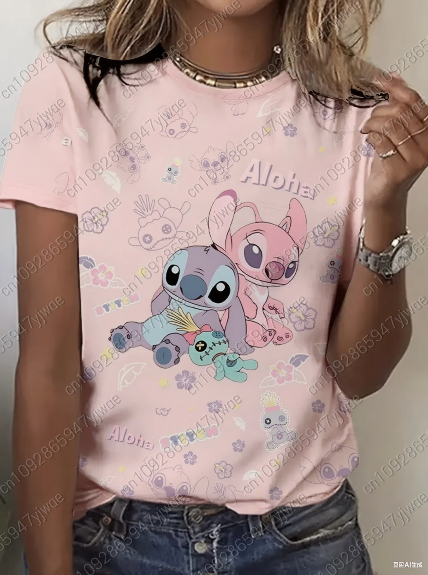 الصيف المرأة Kawaii غرزة طباعة جولة الرقبة قصيرة الأكمام تي شيرت اليومية أعلى الإناث الإبداع الشارع تي شيرت