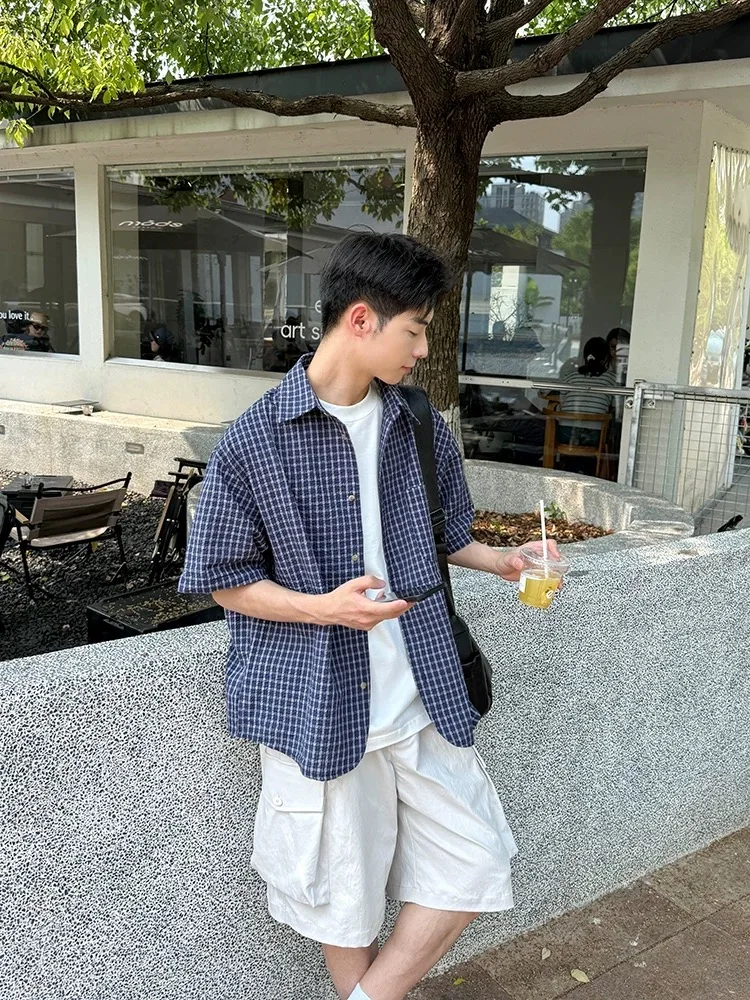 

Loose Casual Men's ort Sve irt Korean Sle k Blue Bubble Cotton Plaid Summer Cleanfit Versatile Loose Fit irt