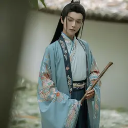 Hanfu bleu de printemps pour hommes, robe traditionnelle chinoise, grande manche large imprimée, style chinois, représentation quotidienne des étudiants en chevalrade