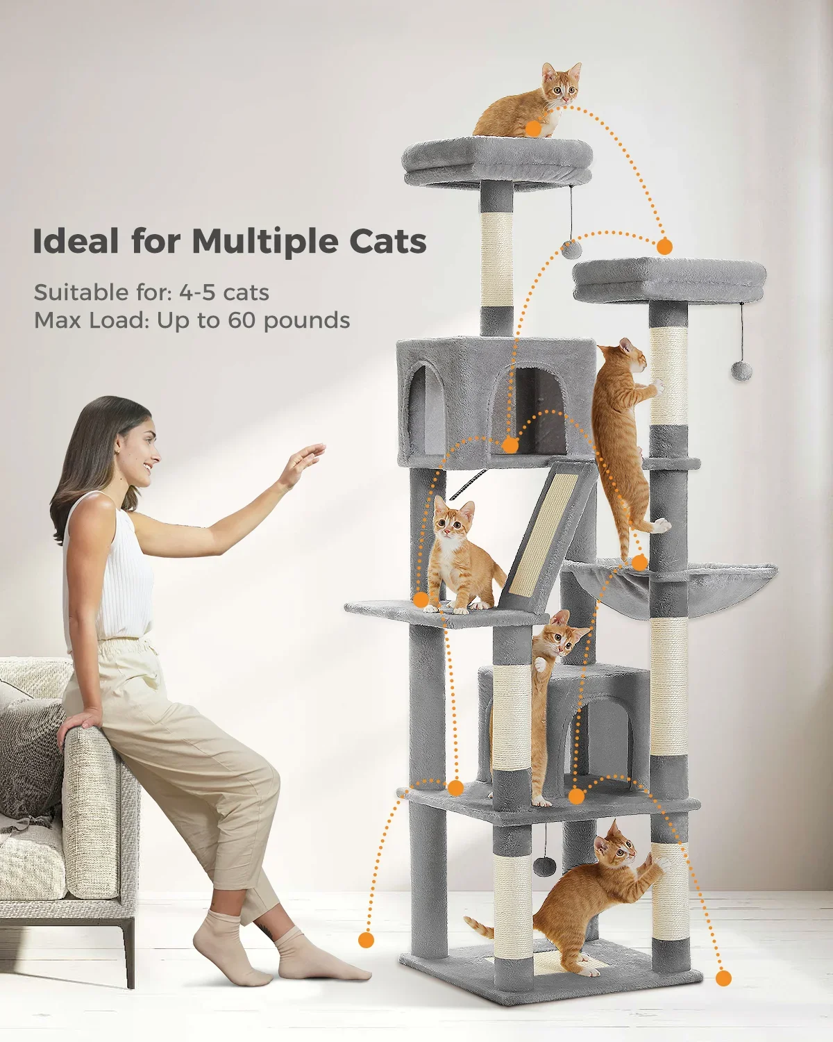 Large Cat Tree for Indoor Tall Tower for Cat Multi-Level Plush with Natural Sisal Scratching Post Condos Perches Hammock