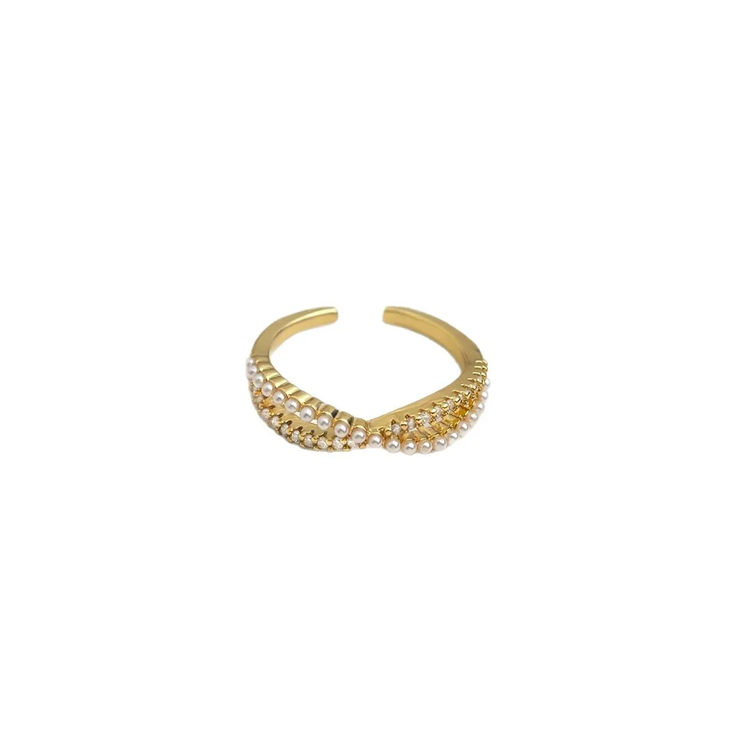 Luxury Adjustable Pearl Ring Women Real Gold Plated Zircon French Minimalist Fashion Elegant Commuter Jewelry
