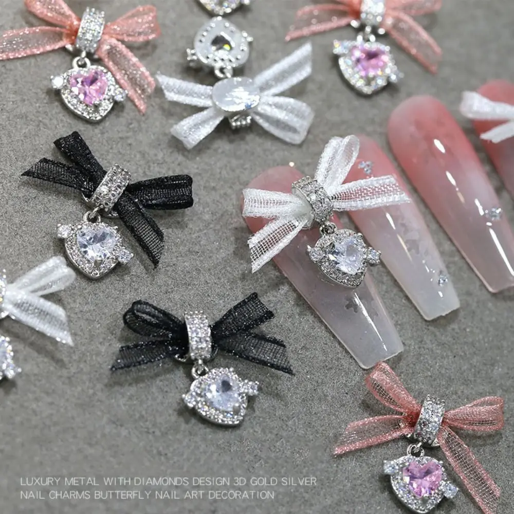 

1 PCS Manicure Ornaments Zircon Nail Art Accessories Organza Bow Sweet Heart Zircon Pendant Nail Charms Elegant Metal