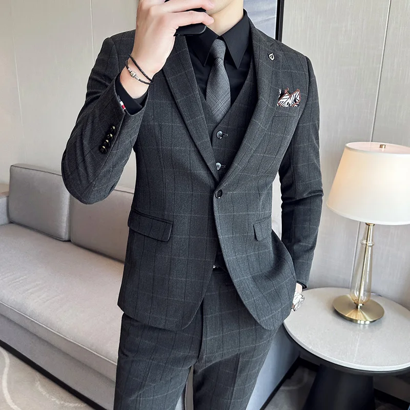 Fashion New Men Boutique Plaid Suits Business Wedding Groom Suits Three Piece Set 3 Pcs Dress Blazers Jacket Coat Pants Vest