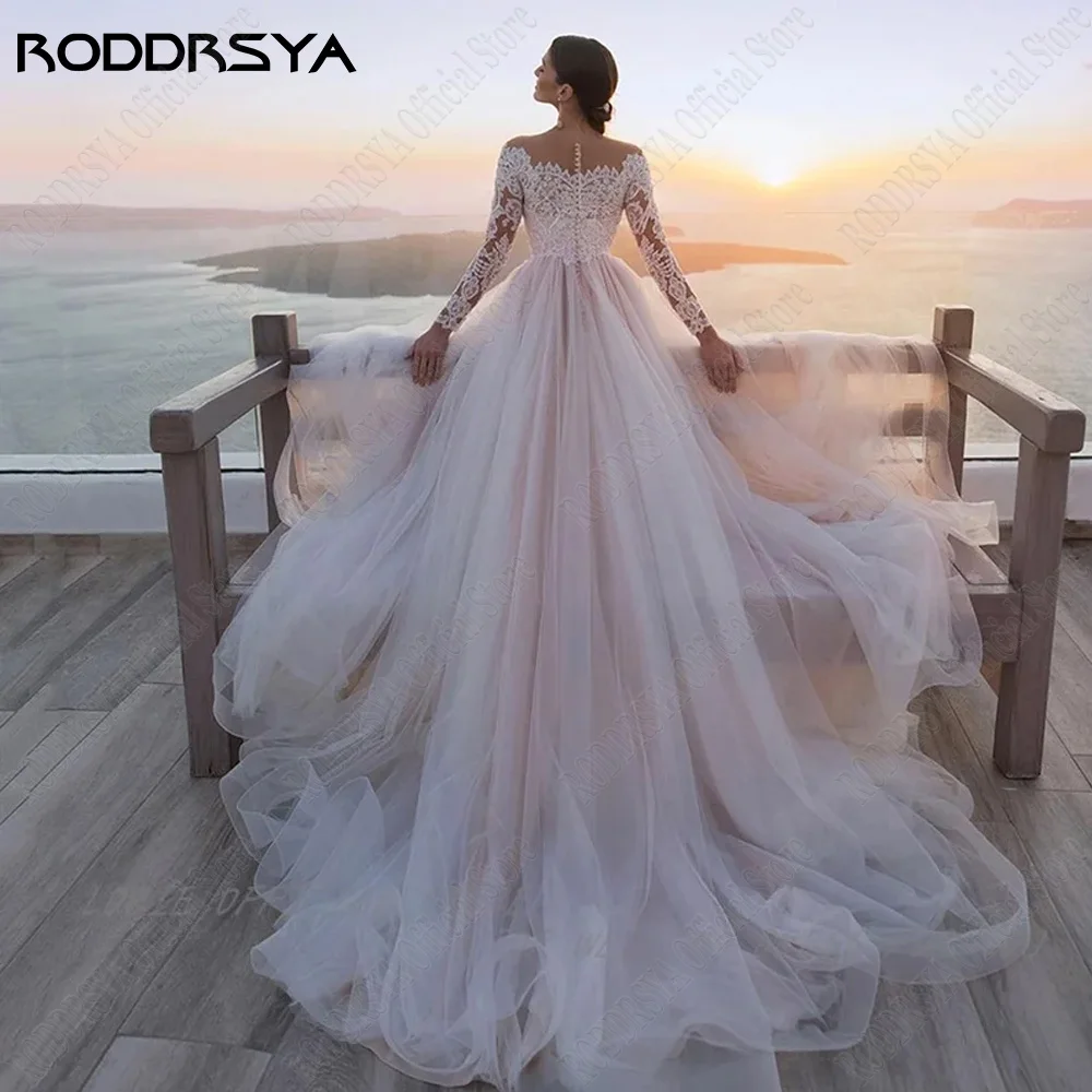 RODRSYA Decote redondo A linha de vestido de casamento mangas compridas RODDRSYA Colher Pescoço A Linha Vestido De Noiva Mangas Compridas Tule Botão Voltar Applique Praia Vestidos De Novia Vestidos De Noiva Sweep Train