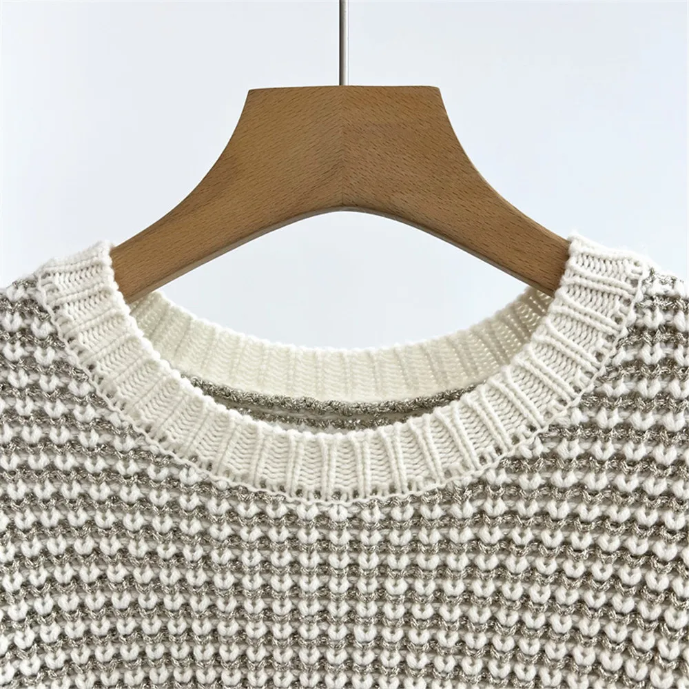 Damski sweter z okrągłym dekoltem, długim rękawem, łączony z efektownym jedwabiem, luźny, mieszanka kaszmiru, dzianina, kolekcja Jesień/Zima 25