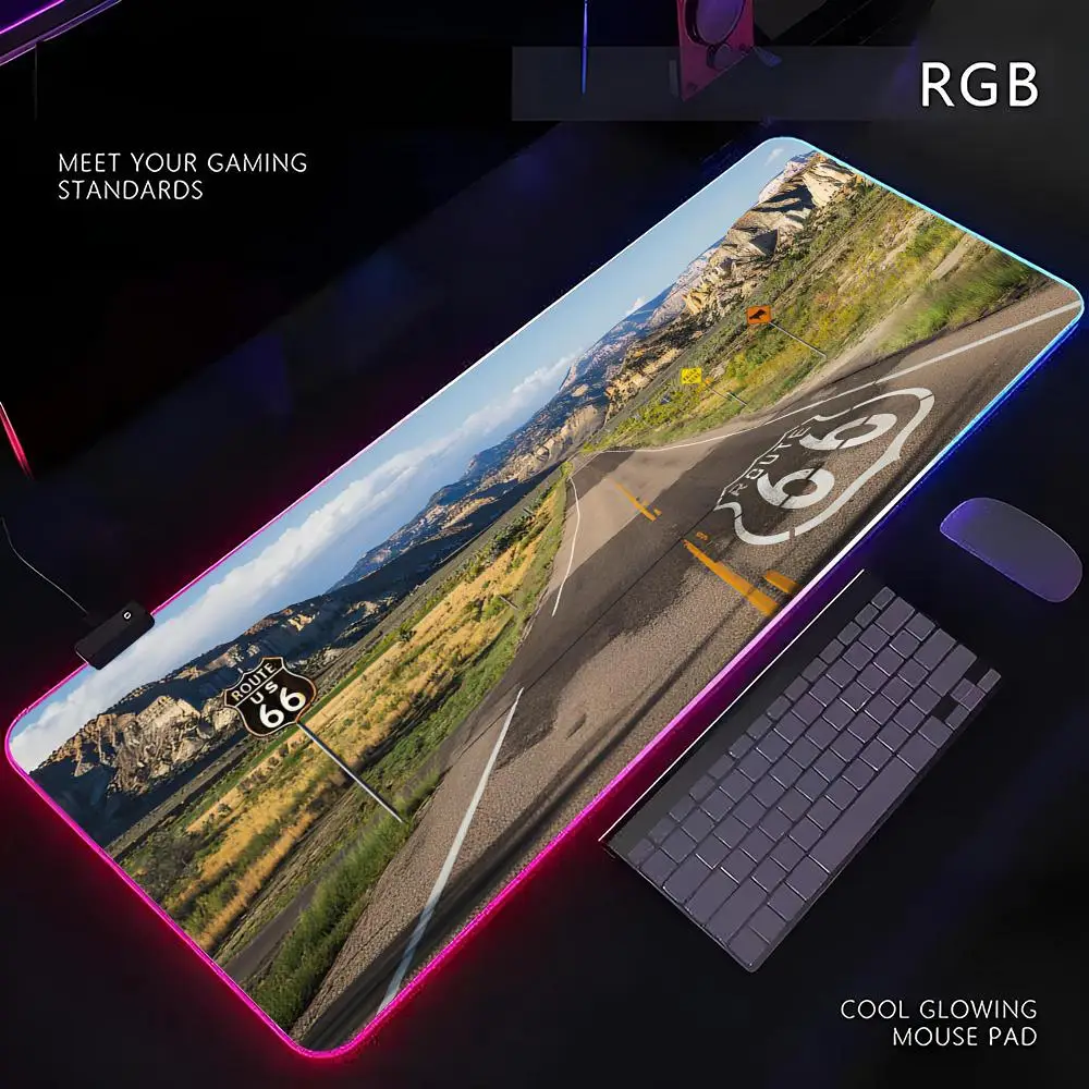 

Коврик для мыши Route 66, коврик для мыши со светодиодной подсветкой RGB, периферийный коврик для мыши, коврик для компьютерного стола, коврик для мыши XL, ковер для клавиатуры