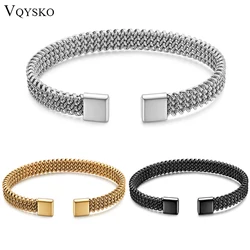 VQYSKO 8MM Woven Flat Mesh C-Shaped Open Bracelet Vintage Stainless Steel Chain Jewelry Women Men Gift Waterproof