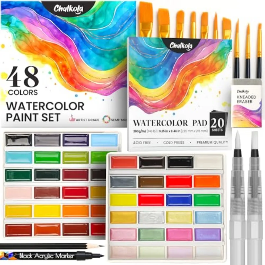 

Professional Watercolor Paint Set - 48 Semi Moist Water Colors Paint Adult Set, XL Pans With Painting Brushes, Water Color Pad
