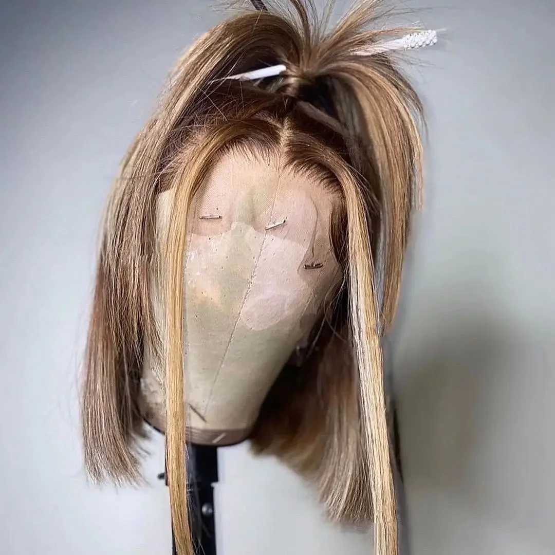 

Бесшовный парик из натуральных европейских волос, 14 дюймов, шелковисто-прямые, светлые с мелированием, с HD-кружевом 5x5, с эффектом натуральной линии роста волос, с детской прядью, без клея